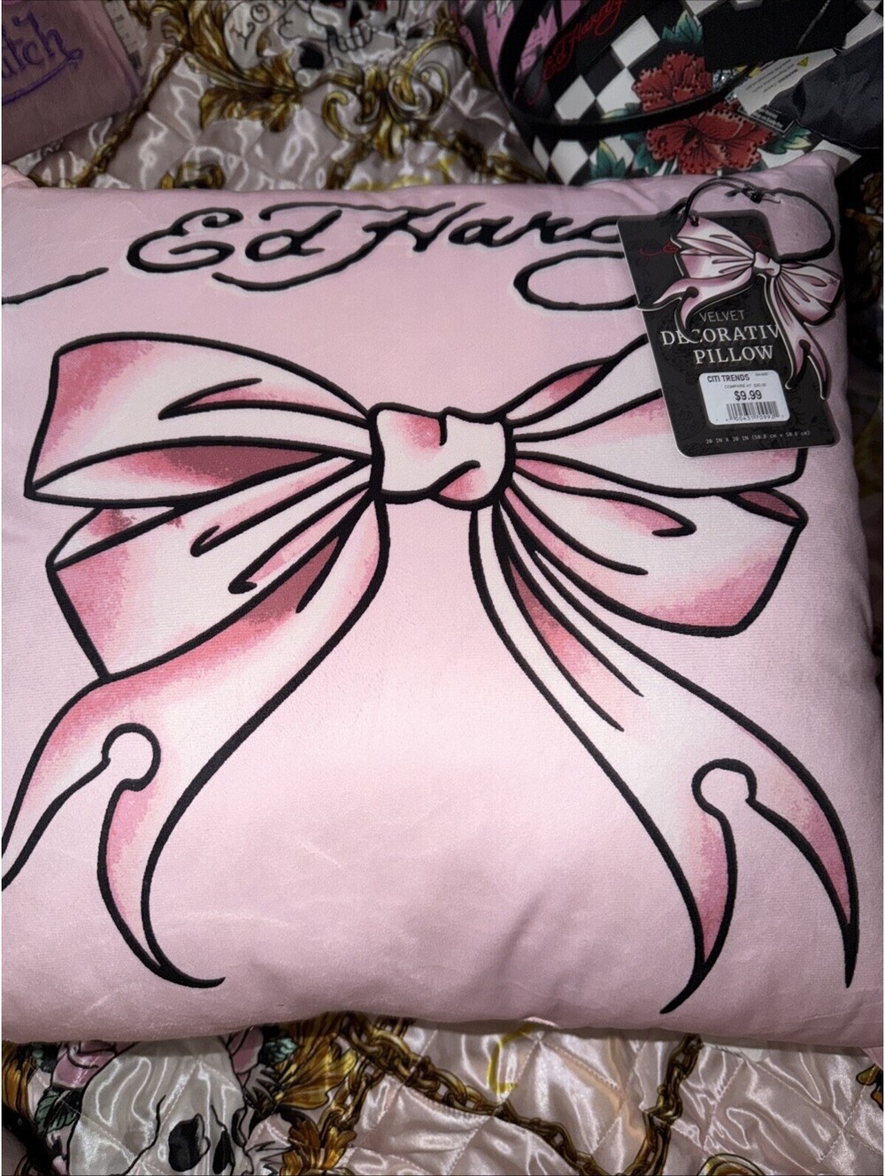 Ed Hardy Embroidered Logo Pink Bow Velvet Decorative Pillow- 18”x18”